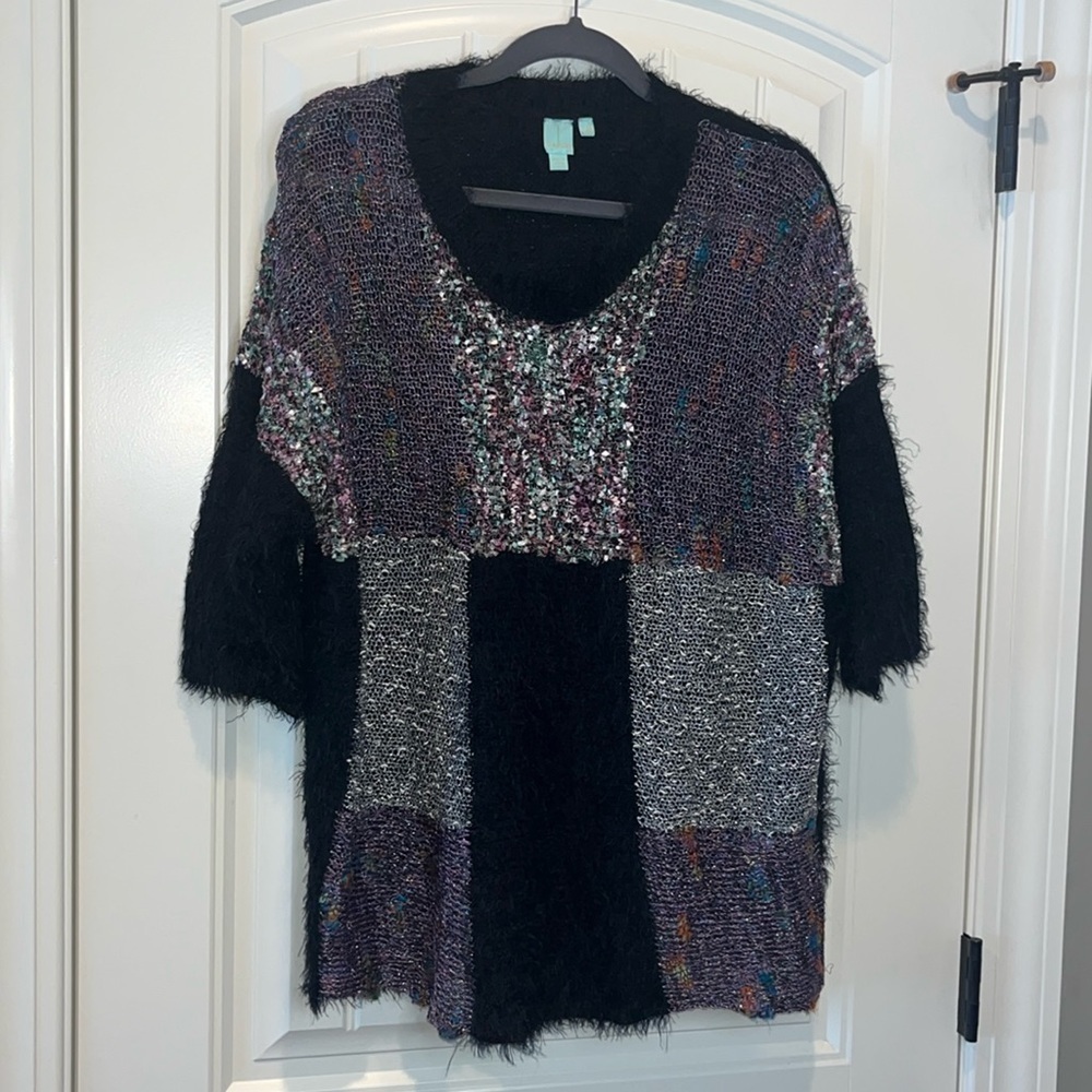SHU SHU Elbow length sweater top shirt Wearable art mixed media soft cozy L/XL